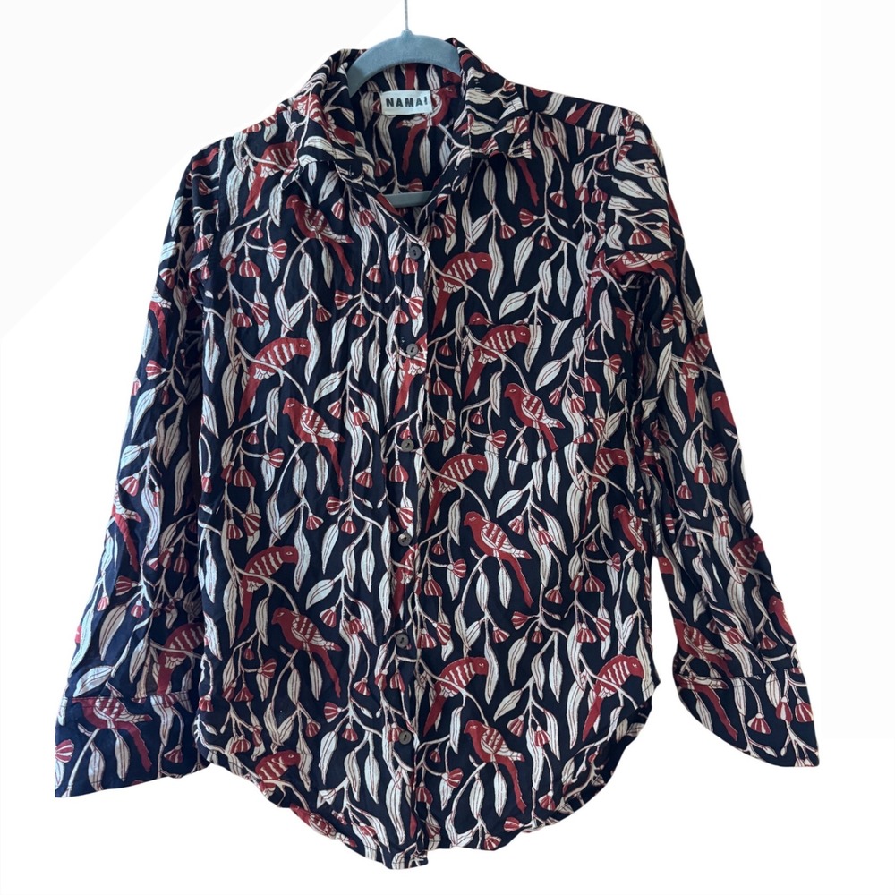 NAMAI Women Red Bird Block Print Cotton Button Down Shirt Long Sleeve Small